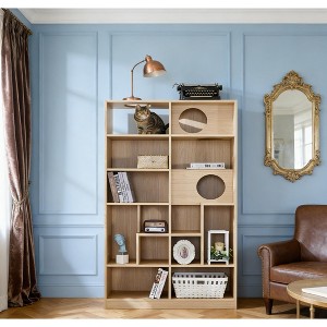 Airsurfer Large 5-Tier Natural Wood Bookshelf Multifunctional Cat-friendly Bookshelf Storage Solution for Modern Living Rooms - 1 of 4