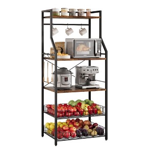 5-Tier Bakers Rack with 2 Wire Baskets & 8 Hooks, Microwave Stand, Coffee Bar Storage Shelves, Brown. - 1 of 4
