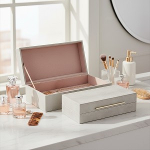 Decorative Faux Leather Boxes with Lid for Home Decor - Jewelry Storage, Home Organizer, Office or Living Room Decor - Set of 2, 4", 3", Ivory & Gold - 1 of 4