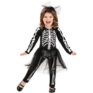 HalloweenCostumes.com 2T/4T  Girl  Toddler Lil Miss Skeleton Costume, Black and White Bones Outfit, Halloween Tulle Skirt and Bow, White/Black - 1 of 4