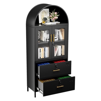 SUXXAN 1-Shelf And 2-Drawer File Cabinet with Lock,Modern Freestanding Arched Cabinets, Dispaly Cabinets, Assembly Required,Black
