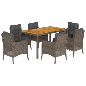 vidaXL 7 Piece Patio Dining Set with Cushions – Gray Poly Rattan and Acacia Wood, Outdoor Garden, Backyard and Patio Furniture - 1 of 4