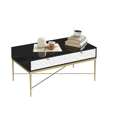 Vynxaria Modern Coffee Table - Black & White, 2 Drawers (Metal Glides), X-Shaped Metal Legs, MDF High-Gloss, 50LBS Top Capacity