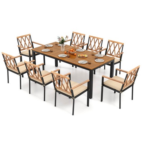 Tangkula 9 PCS Outdoor Patio Dining Set Rectangular Dining Table & Chairs Set for 8 w/Acacia Wood Tabletop Metal Frame - image 1 of 4