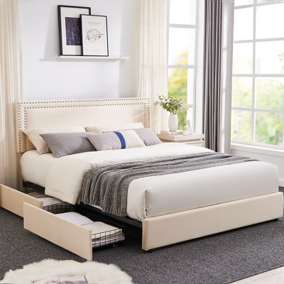 VECELO Upholstered Platform Bed Frame Platform with 4 Storage Drawers, Adjustable Velvet Rivets Headboard