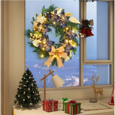 TackView 24''Christmas Wreath for Front Door, Pre-Lit Christmas Wreath, Xmas Door Wreath with Ball Ornaments for Christmas, Blue