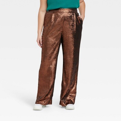 Women's Plus Size High-Rise Metallic Wide Leg Pants - A New Day Copper 4X, Brown