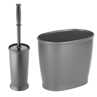 mDesign 2 Piece Plastic Bathroom Trash Can, Toilet Bowl Brush Set - Charcoal