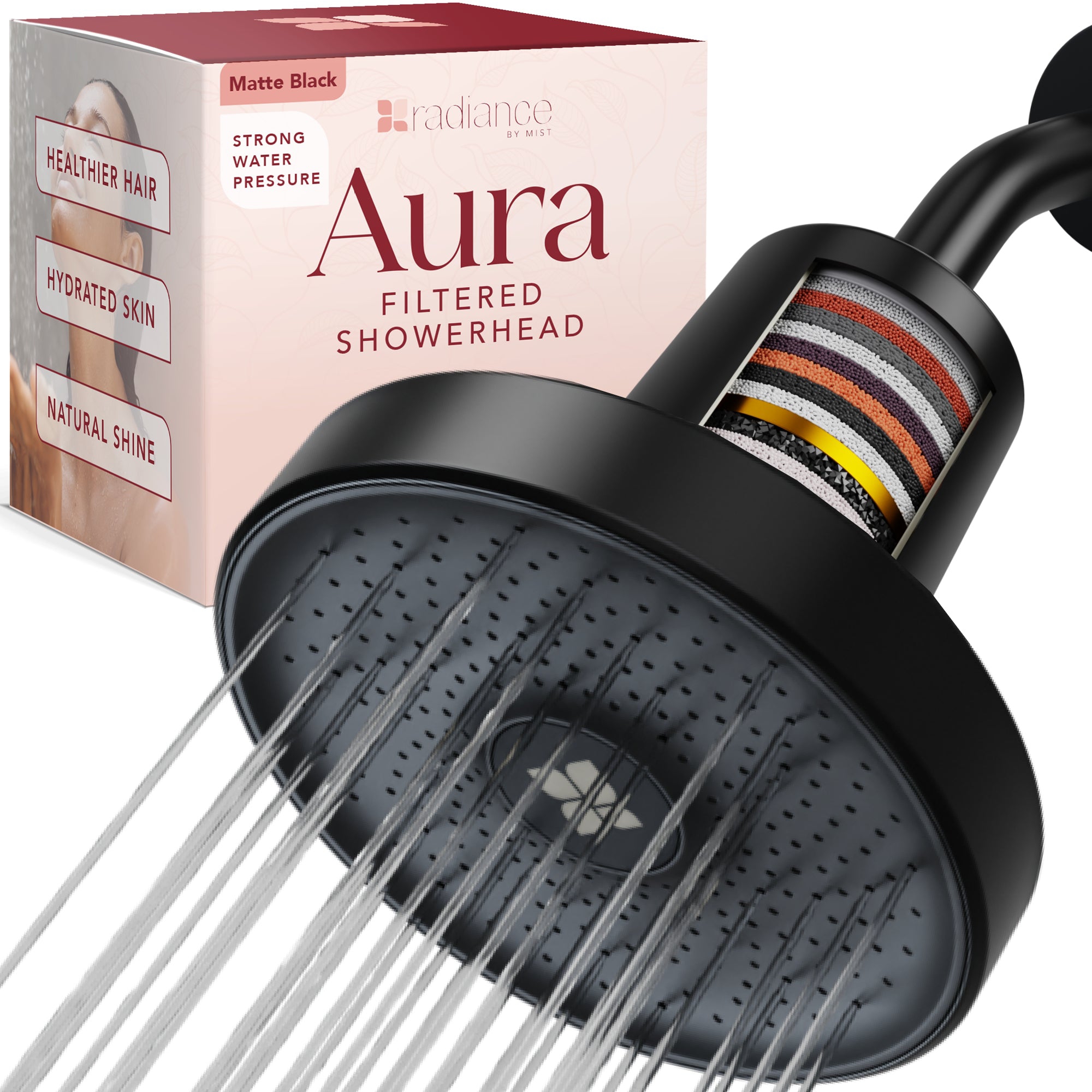 Radiance by Mist Aura Water Softening Filtered Shower Head with Replaceable Filter and High-Pressure Output, Matte Black