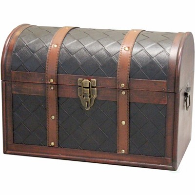 Vintiquewise Wooden Leather Round Top Treasure Chest, Decorative storage Trunk with Lockable Latch