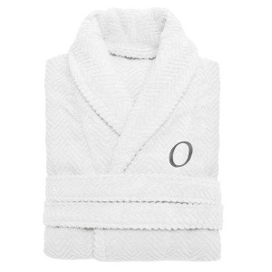 Linum Home Textiles 100% Turkish Cotton Unisex Personalized Herringbone White Bathrobe in Grey Chancery Font - 1 of 2