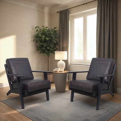 Royal Hampton Amber Accent Chair, Handcrafted Slatted Mango Wood, Buffalo Leather Cushions, Angled Legs -