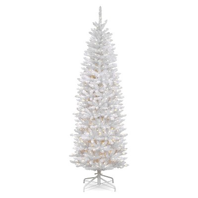 National Tree Company Kingswood 7 Foot Artificial Slim Pencil Profile Prelit Christmas Tree with 300 Warm White Lights and Stand, White