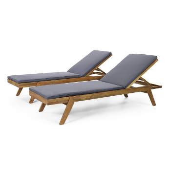 Caily 2pk Outdoor Acacia Wood Chaise Lounges with Cushions - Teak/Dark Gray - Christopher Knight Home