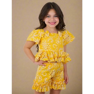 Golden Bloom Eyelet Puff Sleeve Top and Ruffle Shorts Set Mia Belle Girls - 1 of 4