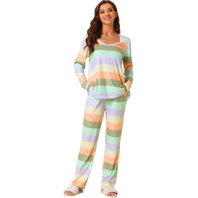Cheibear Women's Cotton Rainbow-stripe Long Sleeves Lounge With