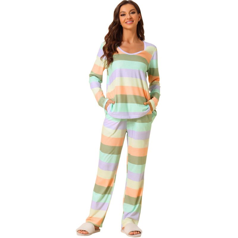 cheibear Women's Cotton Rainbow-Stripe Long Sleeves Lounge with Pants Pajama Set, 1 of 7