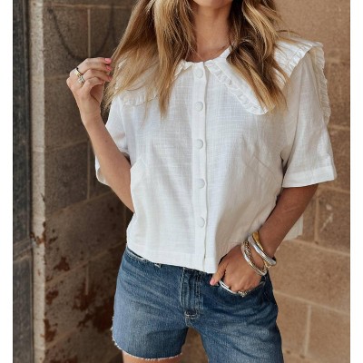 Women's Linen Collared Short Sleeve Shirt - MIOU MUSE