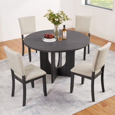 Aukfa 5-Piece Round Dining Table Set Kitchen Table with 4 Upholstered Chairs, Antique Black & Beige， Suitable for Living Room, Kitchen
