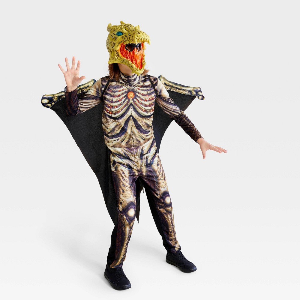 Halloween Kids' Light Up and Sound Skeletal Dragon Halloween Costume Jumpsuit with Mask and Wings S - Hyde & EEK! Boutique