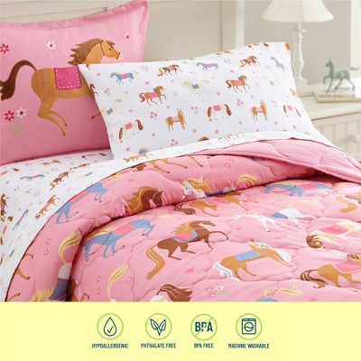 Pink and White Horse Print Microfiber Twin Sheet Set