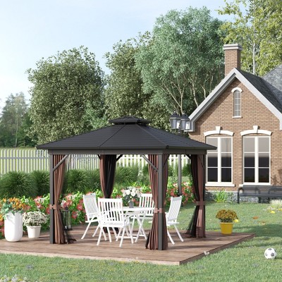 10' x 10' Dark Brown Metal Hardtop Gazebo with Mesh Sidewalls