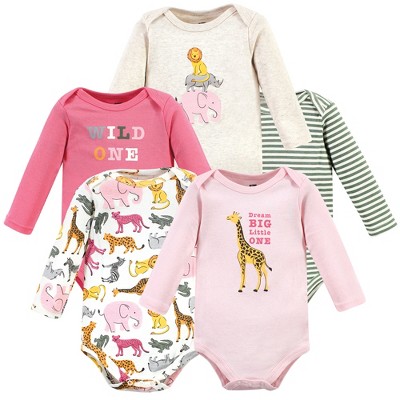 Image of Hudson Baby Infant Girls Cotton Long-Sleeve Bodysuits, Colorful Safari, 9-12 Months