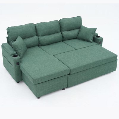 Aukfa Convertible Pull Out Sofa Bed, L-Shaped Sectional Sofa with USB Ports/Cup Holders/Storage Chaise for Living Room/Bedroom