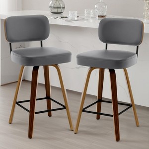 Bekrvio 26"/29" Mid-Century Modern Swivel Bar Stools Set of 1/2/3/4- Faux Leather Upholstered with Back and Bent Wood Legs,Ideal for Kitchen Island - 1 of 4