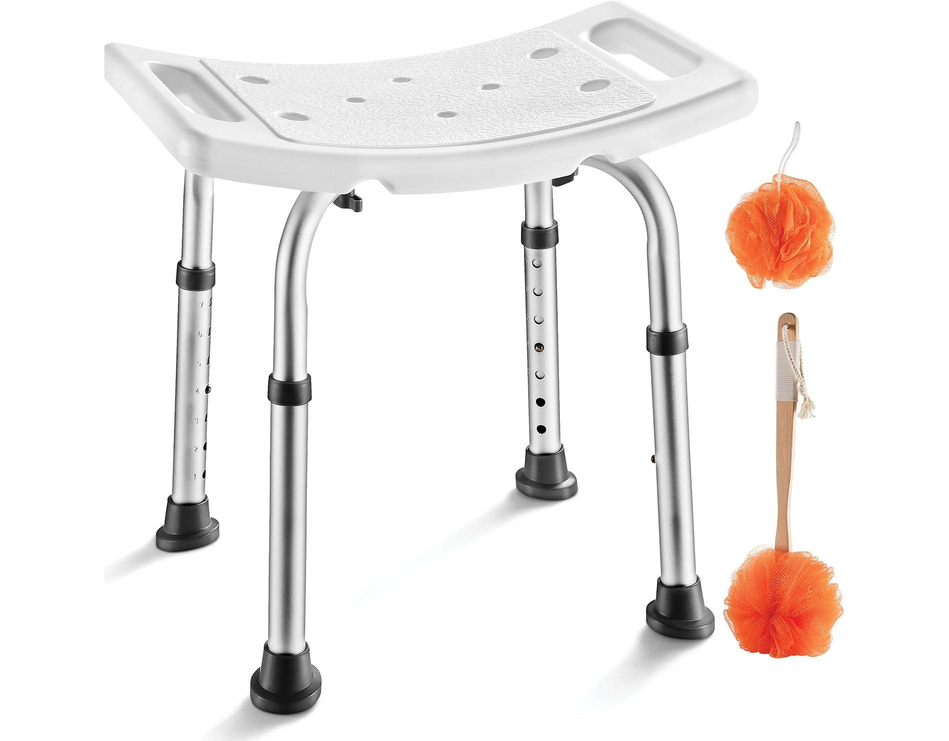 Shower Bench with 8 Adjustable Heights, Portable, Anti Slip, Lightweight and Durable – Bonus Back Scrubber and Additional Sponge - MedicalKingUsa