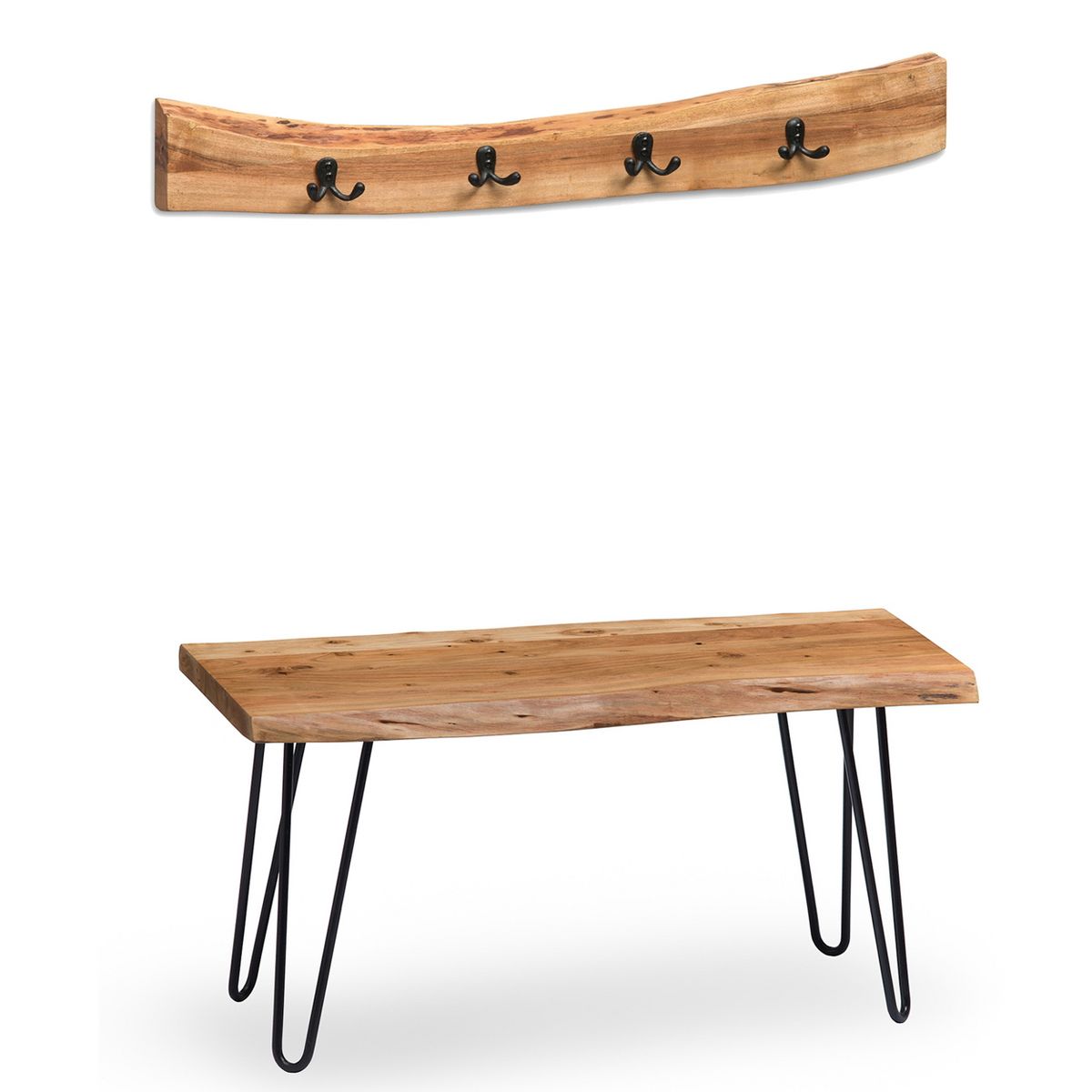36" Hairpin Live Edge Wood Bench with Coat Hook Set Natural - Alaterre Furniture - thumbnail 2