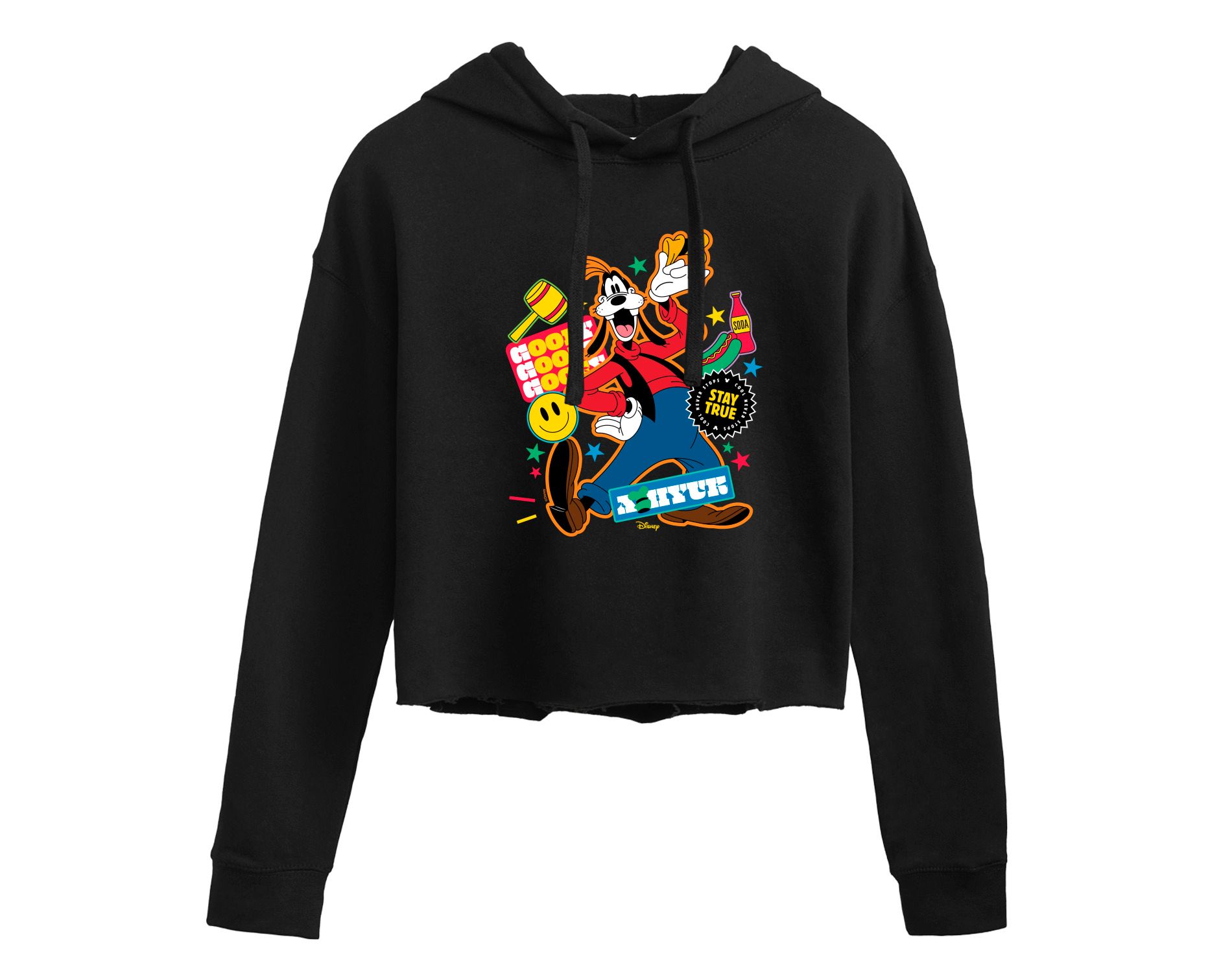 Women's Disney Goofy Sticker Look Cropped Graphic Hoodie - Black - Medium