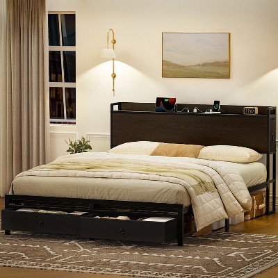 WOWLIVE Full Bed Frame with 2 Bedside Drawers & 2 Underbed Drawers, Storage Bed with Outlet & Open Shelf