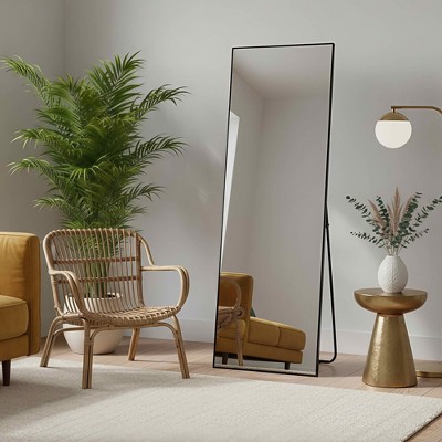 MAYEERTY Aluminum Full-Length Mirror 64x21in, Black, Right Angle, Tempered Glass, With Stand