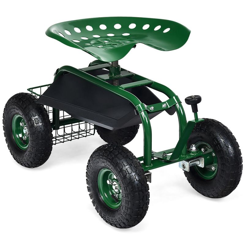 Costway Garden Cart Rolling Work Seat w/ Tool Tray Basket Green, 2 of 10