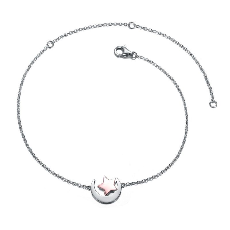 Sterling Silver 18k Rose Gold Plated Lucky Star & Crescent Moon Charm Anklet, Adjustable Length, 1 of 3