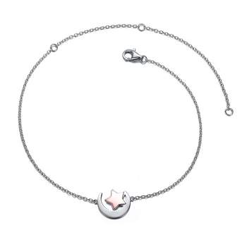Sterling Silver 18k Rose Gold Plated Lucky Star & Crescent Moon Charm Anklet, Adjustable Length