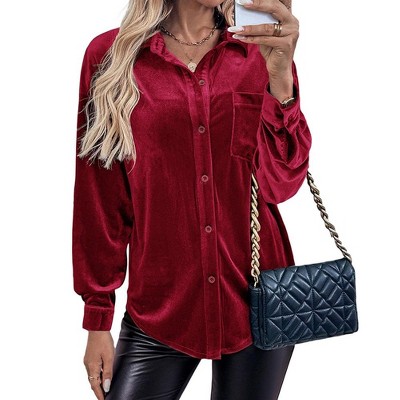 Women's Long - Sleeve Velveteen Button - Down Shirt with Chest Pocket