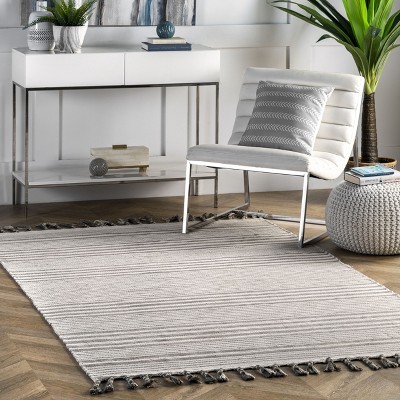 Light Gray Wool and Cotton Striped Flatweave Rug with Tassels, 5' x 8'
