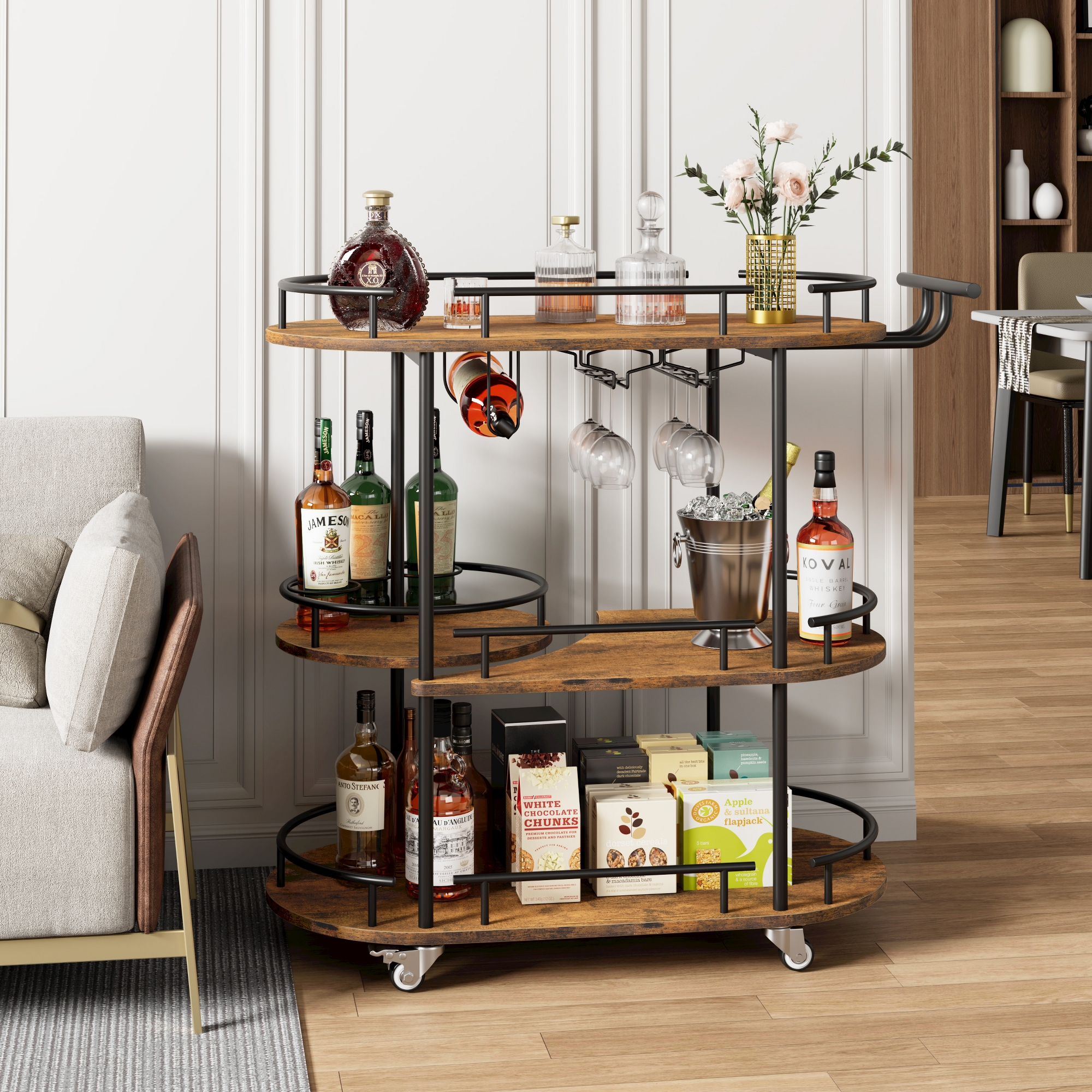 Bar Carts with 4-Tiers Storage Shelves, Mobile Bar Seving Carts On Wheels with Wine Rack and Glass Holder for Kitchen, Dining Room-Black+Brown