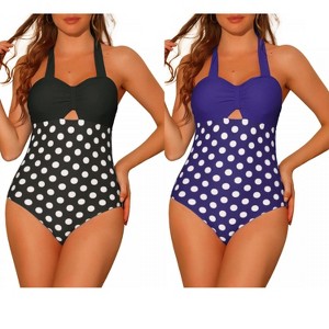 Elerevyo Women's Halterneck Polka Dot Monokini Tummy Control Cut Out String Swimsuit Bathing Suits 2 Sets - 1 of 4