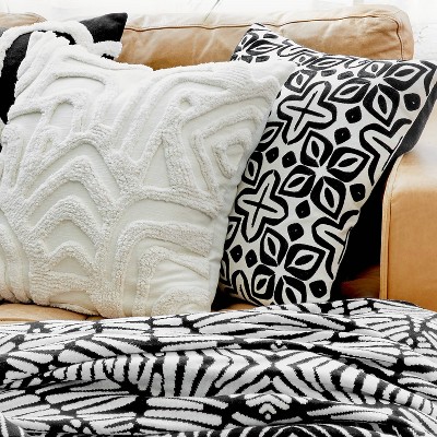 White and Black Embroidered Cotton Square Pillow
