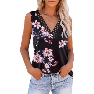 Zeagoo Summer Sleeveless Tank Tops for Women V Neck Lace Trim Shirts Casual Loose Fit Blouse Top - 1 of 4