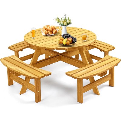 Zevemomo 8 Person Wood Picnic Table,Round Tabletop with Umbrella Hole,4 Built-in Curved Benches,2220LBS Total Capacity for Backyard,Light Wood Color