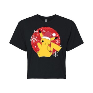 Women's - Pokémon - Pikachu Santa Hat Ugly Sweater Cropped Graphic T-Shirt - 1 of 4