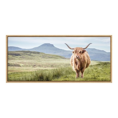 Highland Cow Mountain Landscape Canvas Print with Natural Frame
