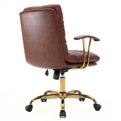Walnut Brown Leather Executive Swivel Office Chair with Gold Base