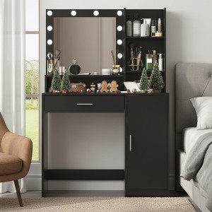 FONTOI 59"W Vanity Desk with Mirror and Light Large Drawer Three Level Storage Dresser for Woman Bedroom Dressing Room, White/Black - 1 of 4