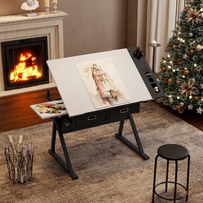 JVNOXK adjustable drawing drafting table desk with 2 drawers for home office and school with stool(white)