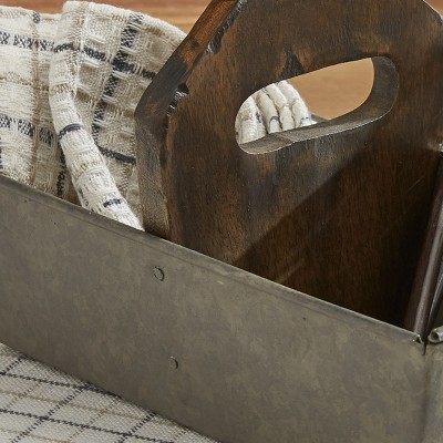 Vintage Gray Metal Utility Caddy with Wood Handle